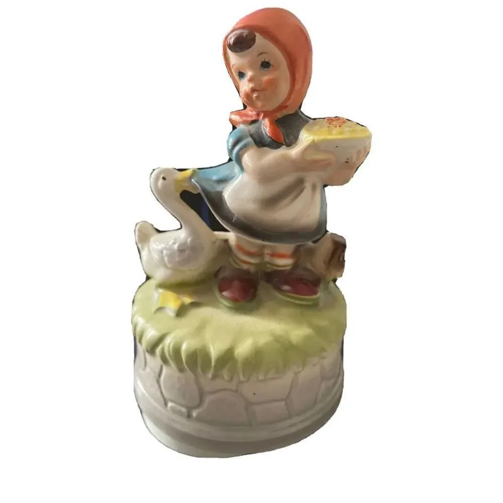 Vintage Artmark Porcelain Music Box Girl‎ with Goose Japan Revolving
